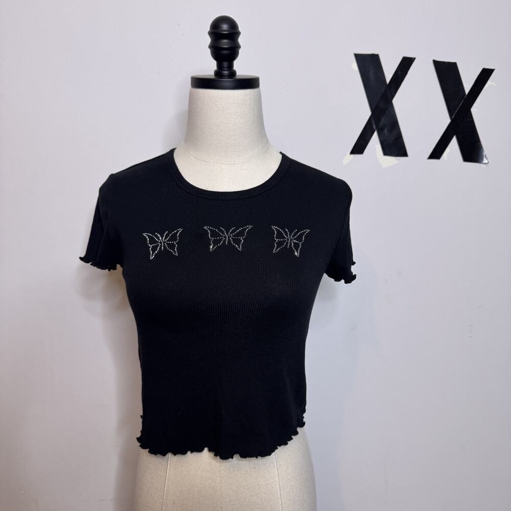 Y2K Black Butterfly Graphic Baby Tee Crop Top XS S NWOT